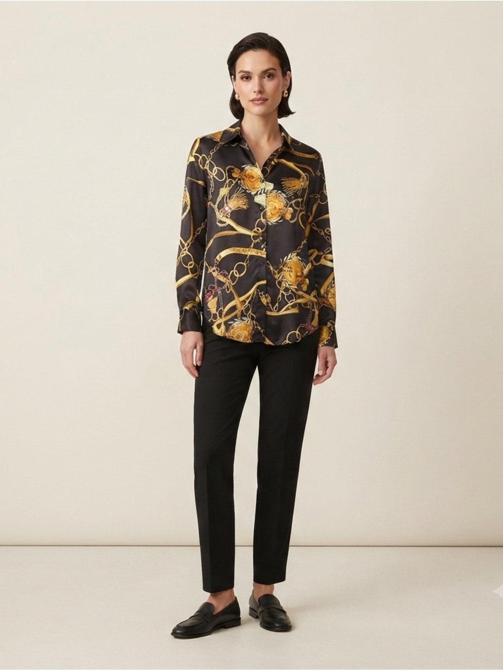 Jon & Anna Contemporary Baroque Chain Print‎ Button Down Blouse Black Gold M